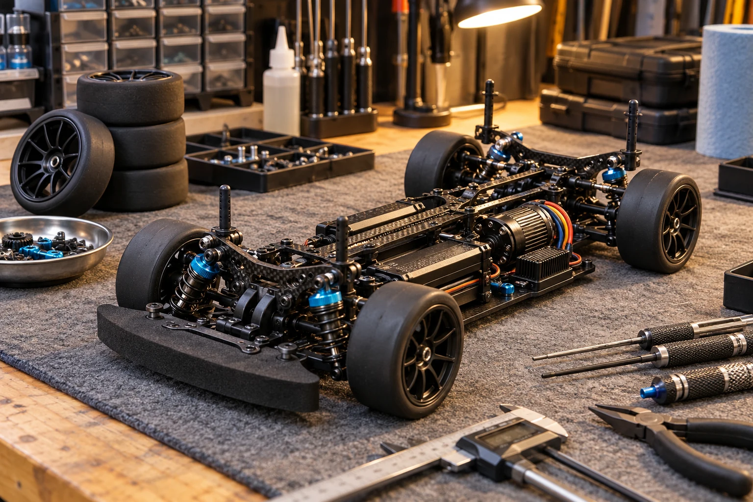 RC touring car chassis and tools on a pit bench
